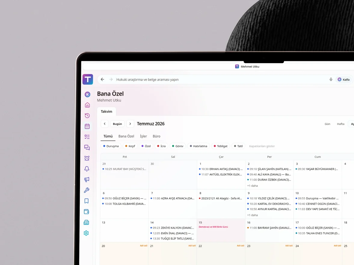 Görev ve Duruşma Takvimi — TurkHukuk.ai platform ekranı